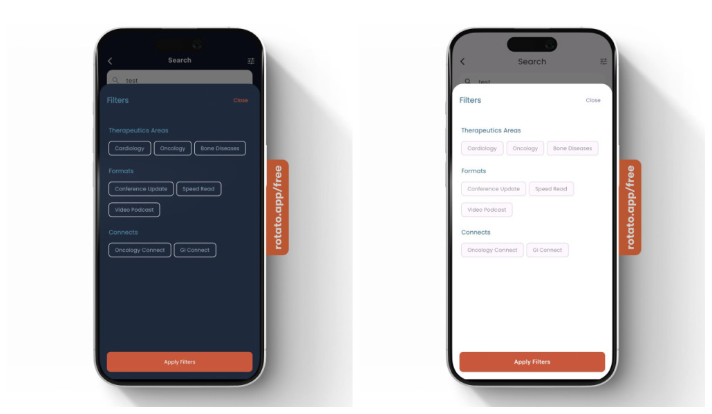 Filtros de búsqueda por áreas terapéuticas y tipos de contenido
