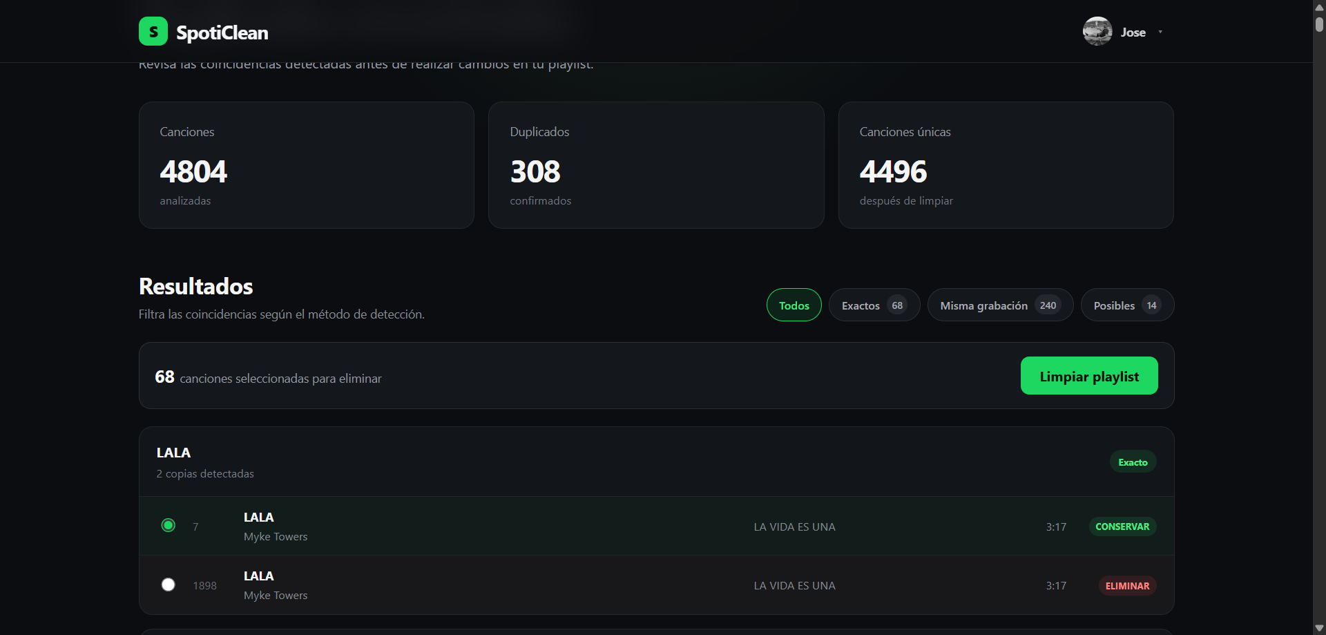 Vista conceptual del detalle de una playlist en SpotiClean